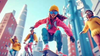 A girl is skateboarding in a city with a group of people around her