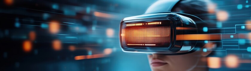 A person wearing a virtual reality headset immersed in a digital world, surrounded by vibrant technological elements.