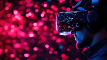 A profile view of a person immersed in a virtual reality experience, surrounded by vibrant lights and digital effects.