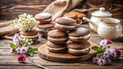 Fototapeta premium Freshly baked whoopie pies stacked on a vintage wooden table, topped with fluffy white frosting and surrounded by rustic baking utensils and fresh flowers.