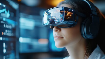 A woman wearing virtual reality headset, immersed in a high-tech environment, exploring interactive digital worlds and experiences.