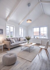 Spacious living room with a modern white sofa