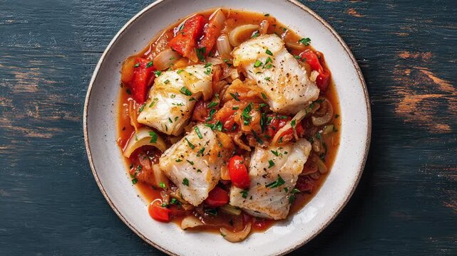 Delicious Plate of Cod with Roasted Vegetables on Rustic Table