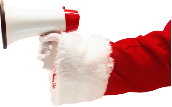 Santa Hand holding megaphone isolated on transparent background. Coming holiday news, sales, announcement. Concept of Christmas and New Year, winter holidays. Advertisement