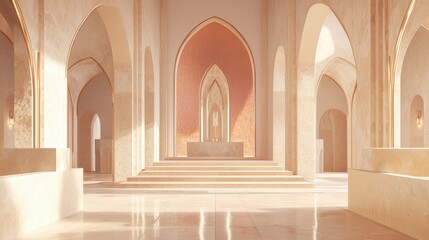 Fototapeta premium A serene and elegant interior space featuring arches and soft lighting, evoking sense of tranquility and grandeur. 