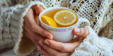 Hands of woman with flu holding a cup of hot tea with honey and lemon, highlighting natural remedies for cough relief.