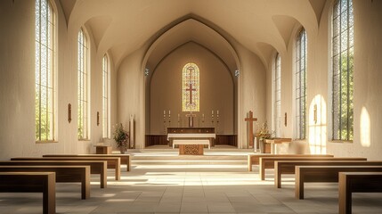 Obraz premium A serene and peaceful interior of church, featuring wooden pews and beautifully lit altar. stained glass window adds touch of color, creating tranquil atmosphere.