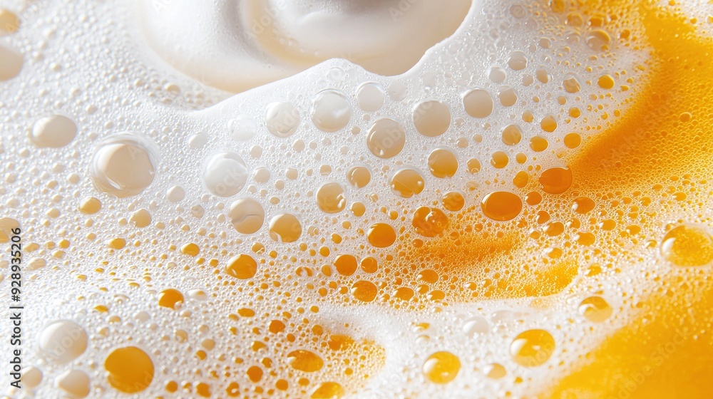Poster a zoomed-in image showing a yellow and white surface with bubbles and water droplets on its undersid