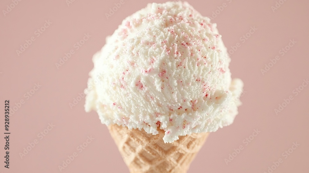 Poster an ice cream cone with a scoop of cream and sprinkles on a pink background with ample space for copy