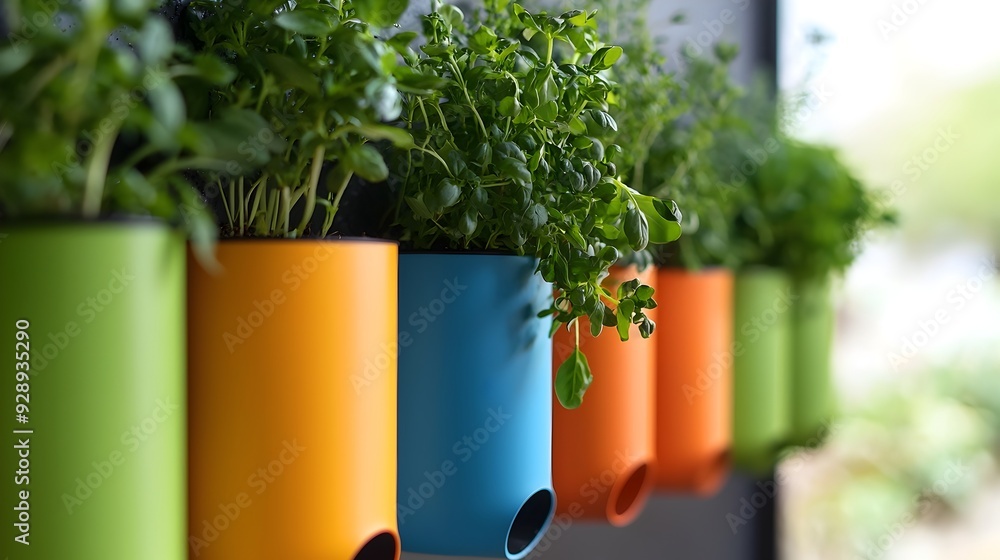 Wall mural vibrant indoor vertical herb garden with colorful planters and kitchen essentials