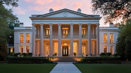 Obraz premium Elegant mansion with grand columns and warm lighting, exuding sophistication and charm. lush greenery enhances its majestic presence. 