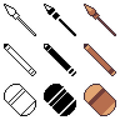 Assorted of Painting Stationery, Brown Colored and Black Outlines/Fill, Pixel Icon Set
