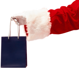 Santa Claus hand holding small, blue shopping bag isolated on transparent background. Sales, shopping. Concept of Christmas and New Year, winter holidays. Postcard template