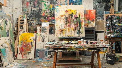 Fototapeta premium Vibrant Painter's Studio Filled with Creative Supplies and Canvases
