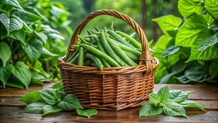 Freshly picked organic French beans in a wicker basket, surrounded by lush green leaves and a hint of dew, evoking a sense of rustic charm.
