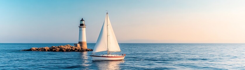 Sailboat sailing past a lighthouse on a calm ocean.