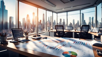A large office space with a large window overlooking a city