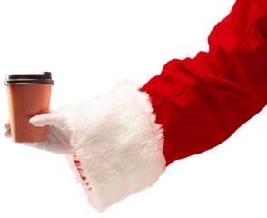 Santa Claus hand holding cup of hot drink, coffee, tea, cocoa isolated on transparent background. Warm and cozy winter atmosphere. Concept of Christmas and New Year, winter holidays. Postcard template