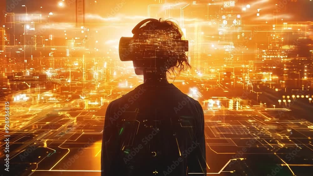 Poster a user explores an immersive virtual reality world, surrounded by glowing digital elements and futur