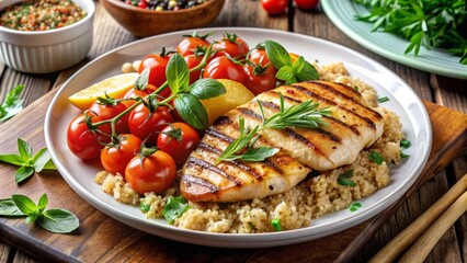Freshly prepared mouthwatering meal of grilled chicken, roasted vegetables, and quinoa, garnished with fresh herbs, arranged artistically on a modern white ceramic plate.