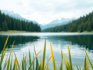 Obraz premium Tranquil lake with mountains in the background, view through grass