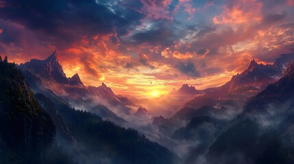Dramatic Rendering of a Breathtaking Mountain Sunset with Vivid Colors