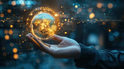 Fototapeta premium A hand holding glowing Bitcoin symbol, representing digital currency and technology. image conveys sense of innovation and financial opportunity. 