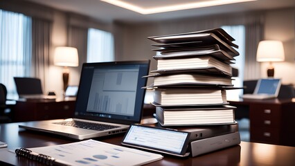 Naklejka premium A stack of books and a laptop on a desk in a room