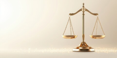 Elegant golden scales of justice symbolizing law, fairness, and equality with a soft light background.