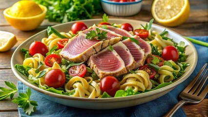 Freshly prepared tuna pasta salad with al dente noodles, seared tuna steak, cherry tomatoes, and mixed greens, topped with a zesty lemon vinaigrette dressing.