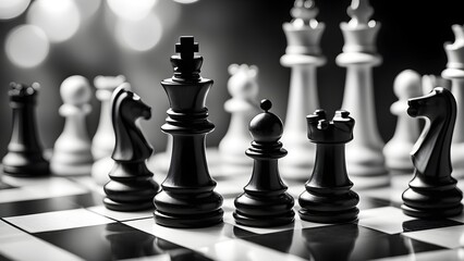 A black and white chess board with a black and white king and pawns