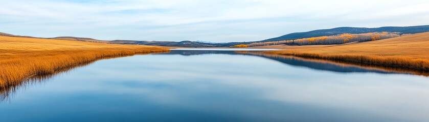 Serene lake reflecting a blue sky and grassy hills.