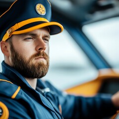 Obraz premium Portrait of a confident man in a navy blue uniform with a yellow stripe and a cap with a compass.