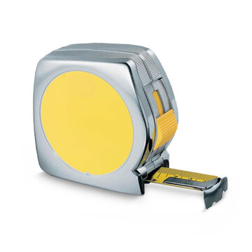 Tape measure for measuring and carrying out precise carpentry and other DIY work, with transparent background and shadow.