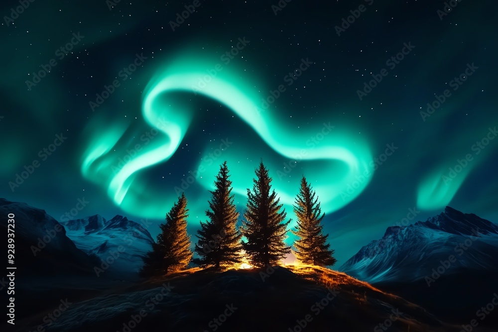 Poster a minimal landscape with just a few pine trees and the northern lights arcing overhead in soft, mute