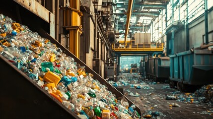 A vibrant scene of plastic waste in recycling facility, showcasing importance of waste management and environmental awareness. image evokes sense of urgency for sustainability. 