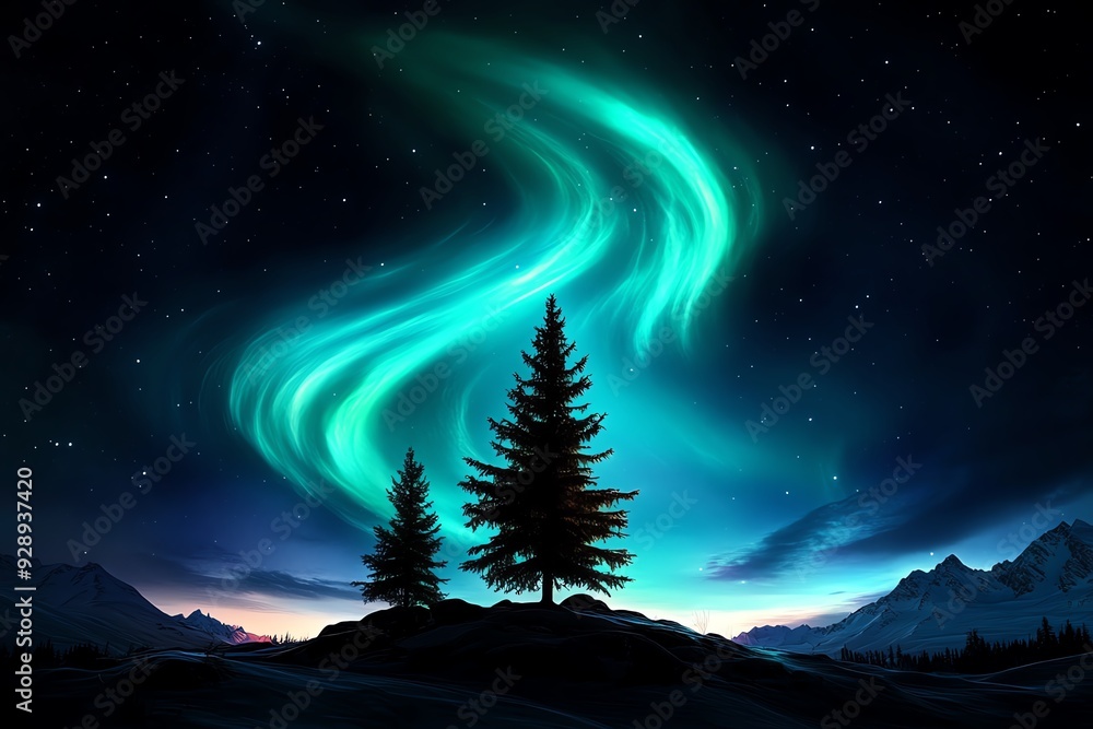 Poster a minimal landscape with just a few pine trees and the northern lights arcing overhead in soft, mute