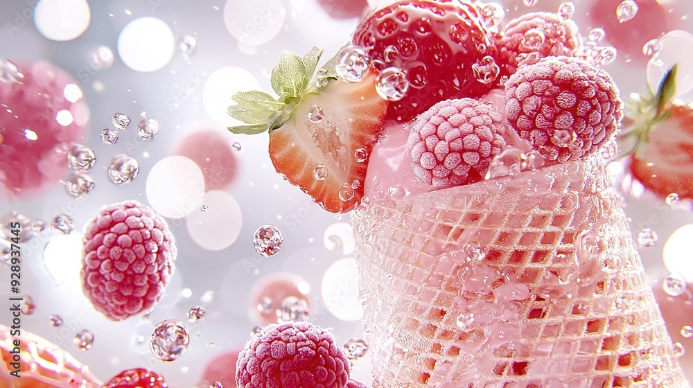 Poster strawberries and raspberries in a mesh bag on a white and pink background with bubbles and bokeh