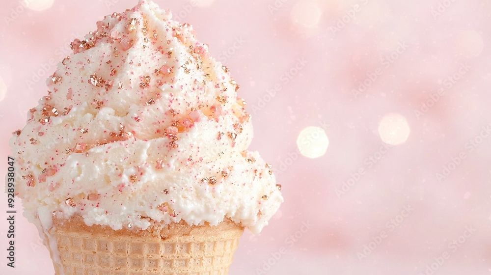 Wall mural   An ice cream cone with white frosting and sprinkles on a pink background illuminated by pink and white lights