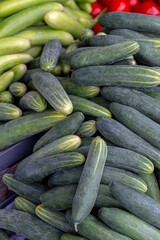 Close-up of fresh cucumbers on display at a market stall