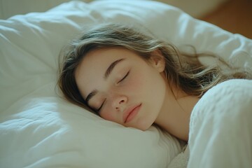 Obraz premium Restful Night Woman Sleeping Comfortably on White Sheets