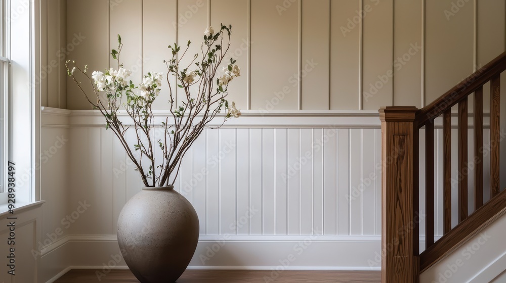 Aufkleber a serene interior scene featuring large vase with flowering branches, creating calm and inviting atm
