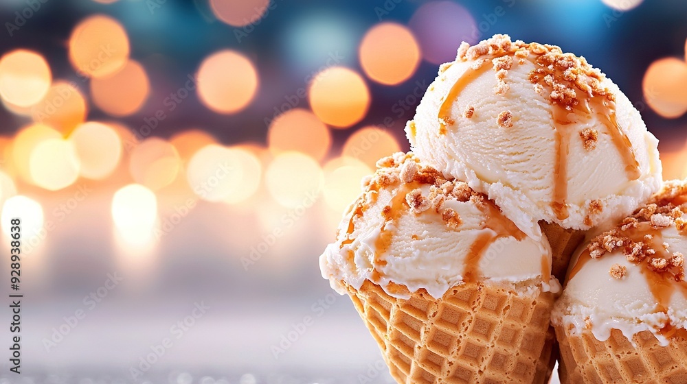 Poster three scoops of ice cream topped with caramel drizzle on each cone