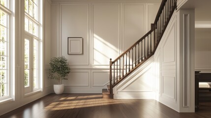 Fototapeta premium A bright and inviting interior featuring staircase, large windows, and potted plant, creating warm and welcoming atmosphere. 
