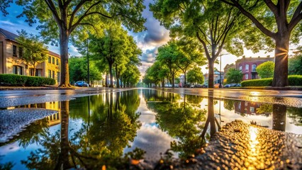 Obraz premium Fresh rain droplets glisten on wet pavement, creating a mirror-like reflection of surrounding trees and buildings on a peaceful urban morning scene.