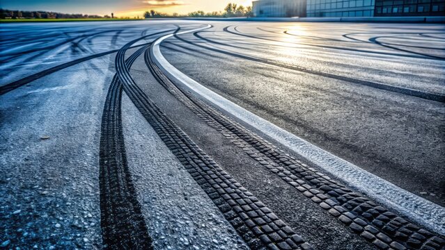 Fresh rubber tire tracks and scuff marks streak across a dark asphalt road, revealing a dynamic path of motion and energy in a urban environment.