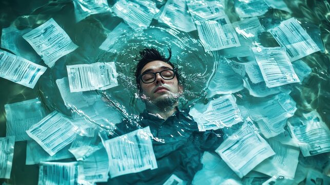 A man appears to be submerged in water surrounded by floating documents, conveying sense of overwhelm and contemplation. 