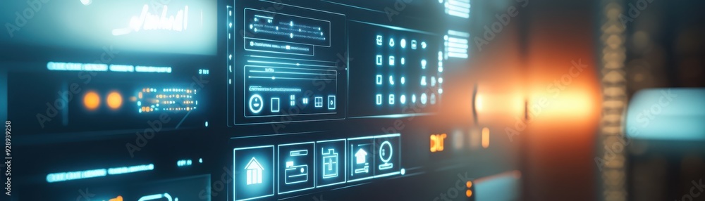 Poster futuristic digital interface with glowing controls and buttons in a dark, high-tech environment, sho