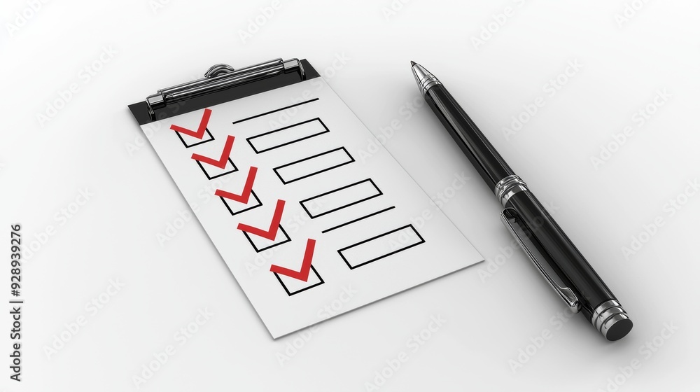Poster checklist with red check marks and pen on white background