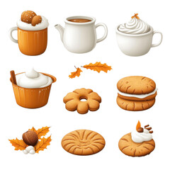 A collection of delicious desserts including cookies, whipped cream, and autumn-themed elements.